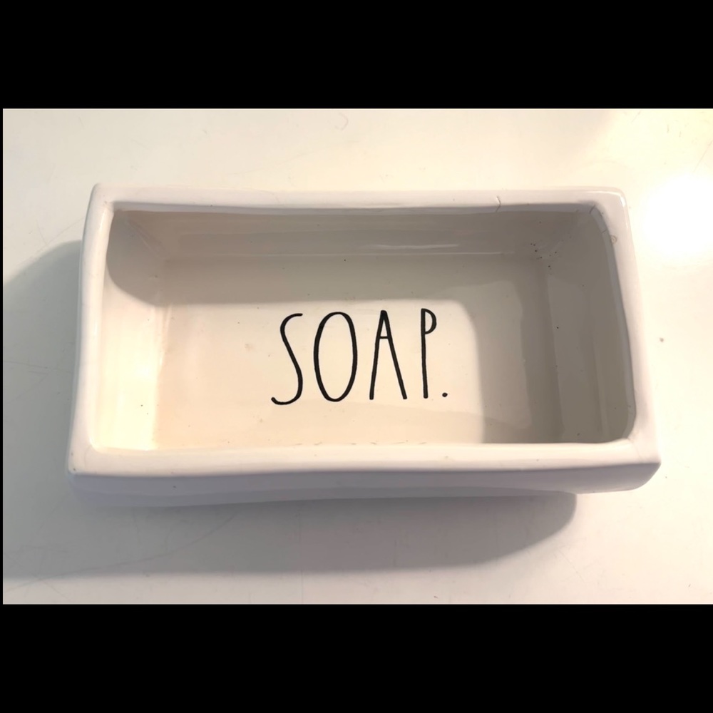 RAE DUNN Soap Dish White Black Rectangle Holder Ceramic Hand Towel Wash Bathroom